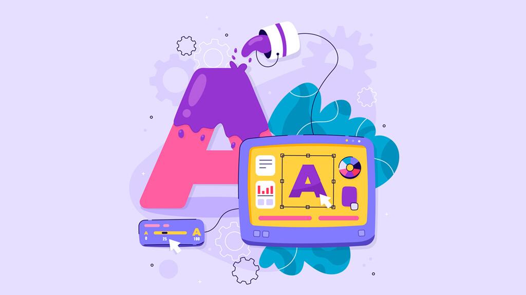 Paarse en roze letter A met verfkwast, computerscherm toont ontwerpsoftware.
