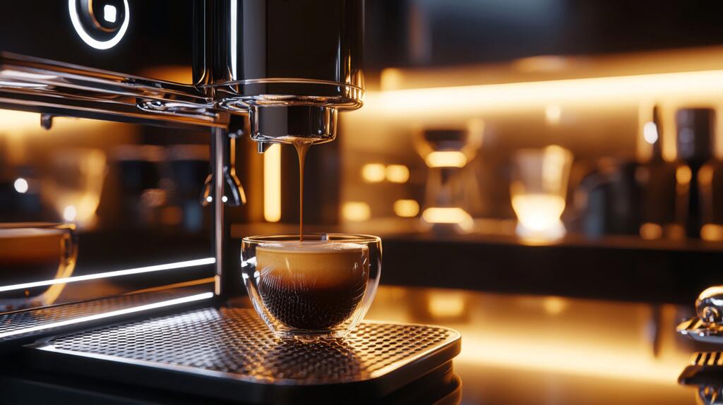 Espressomachine bereidt koffie in een glazen kop in sfeervol verlichte keuken.