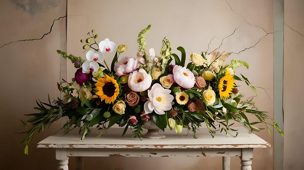 Bloemstuk met zonnebloemen, orchideeën en rozen op een oude tafel.