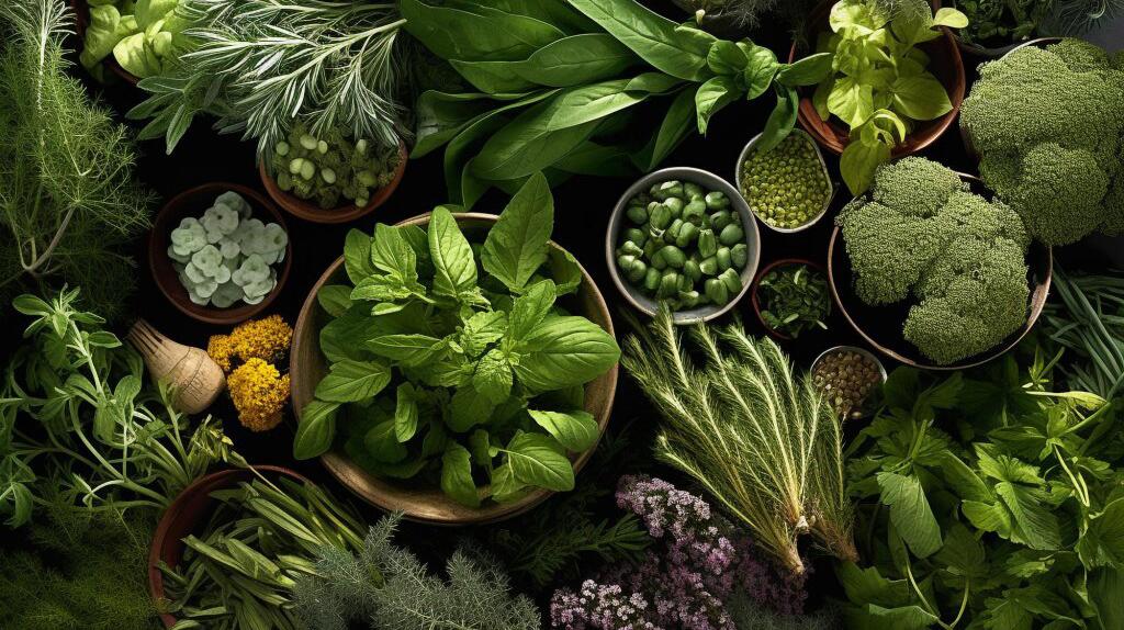Groene groenten en kruiden, waaronder basilicum, broccoli en rozemarijn, bovenaanzicht.