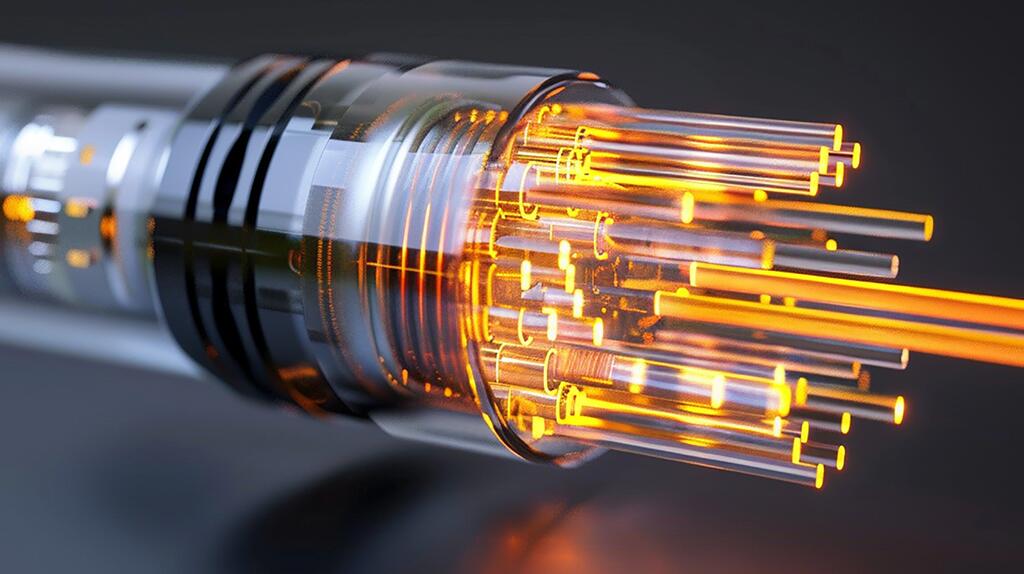 Glasvezelkabel met oranje lichtstralen op donkere achtergrond.