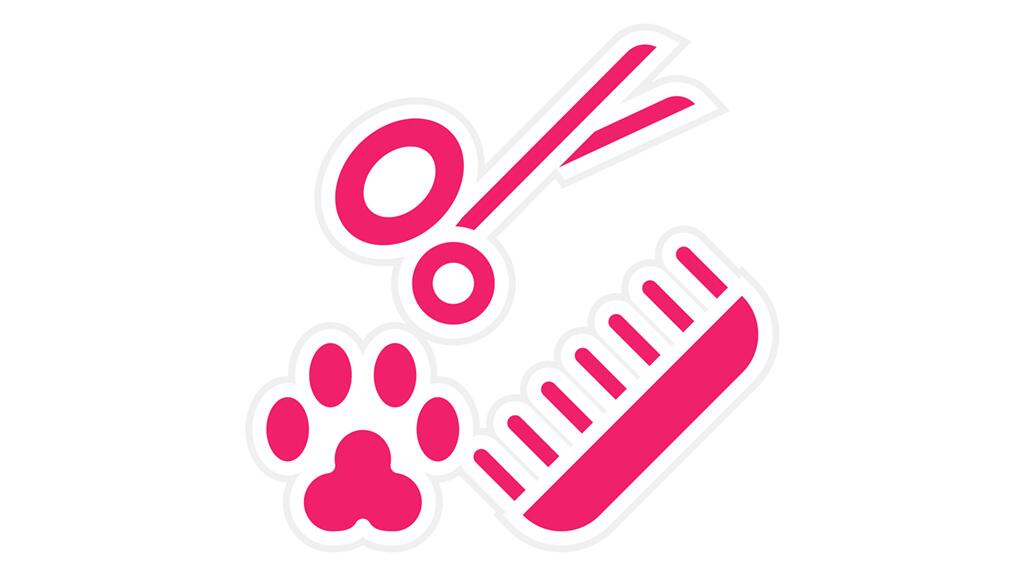 Roze grafische iconen van schaar, pootafdruk en kam.