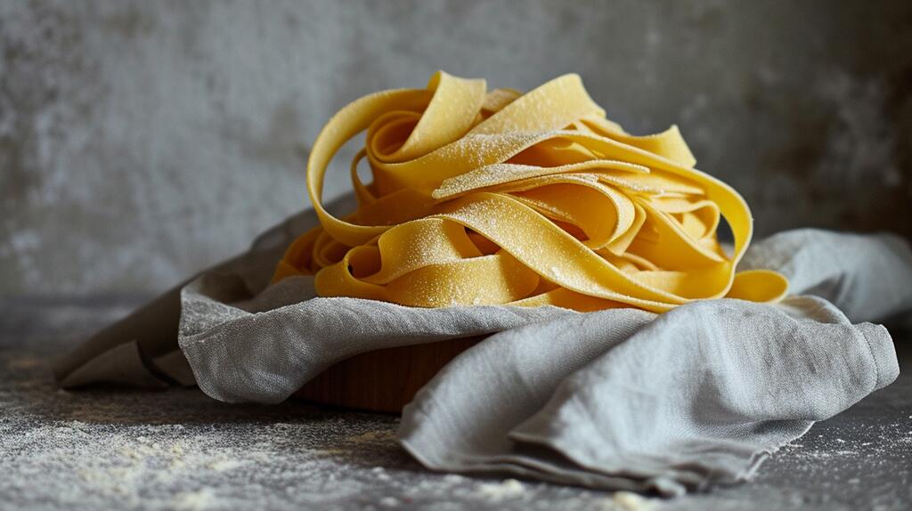 Vers gesneden tagliatelle op een grijze doek.