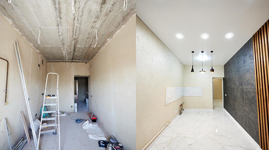 Links: Kamer in verbouwing links, afgewerkte kamer rechts met verlichting.