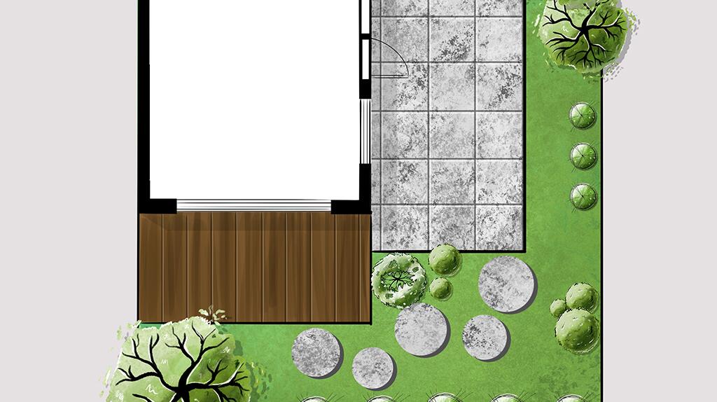 Plattegrond van een tuin met gras, tegels, bomen en een houten terras.