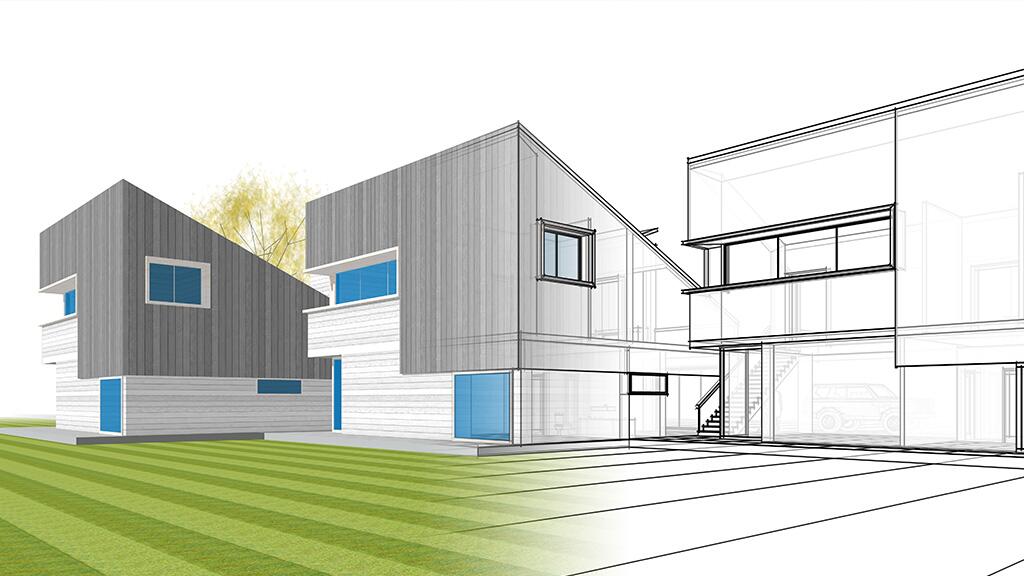 Architecturale schets van moderne huizen in grijstinten met blauwe accenten.