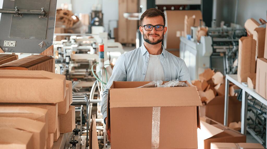 Man in fabriek tilt een grote kartonnen doos op.