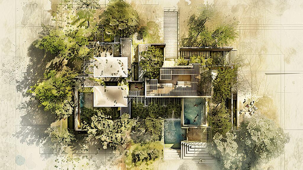 Architecturale tekening van een modern huis omringd door groen.