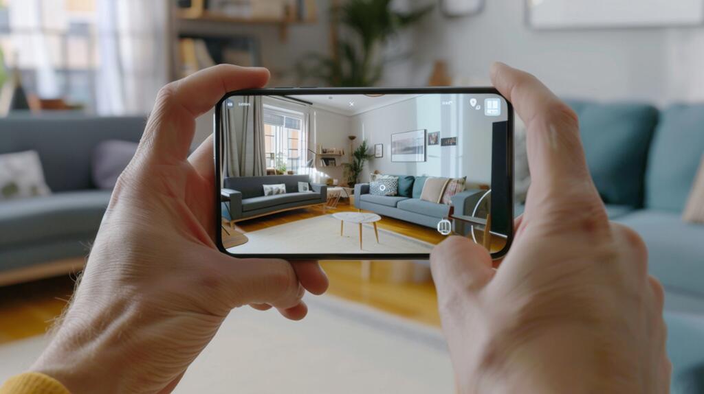 Woonkamer gefotografeerd met smartphone, zachte kleuren.