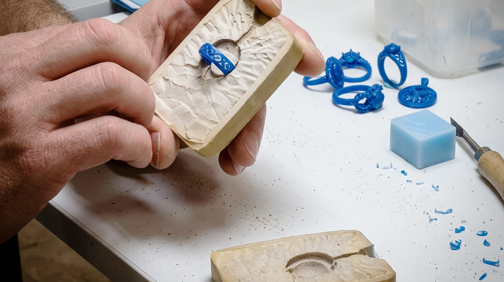 Handen werken aan een blauwe ring in een mal op een werkbank.