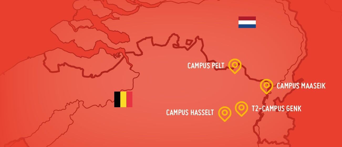 Kaart met Belgische en Nederlandse vlag, oranje markeringen voor locaties.