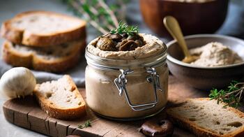 Luxe patépasta in glazen pot met brood en tijm.
