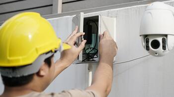 Persoon in veiligheidshelm installeert een beveiligingscamera op een gebouw.