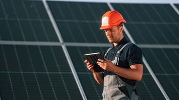 Man met helm werkt op tablet voor zonnepanelen.