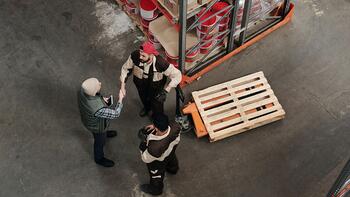 Drie mensen in een magazijn in gesprek naast een houten pallet.