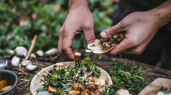Handen bereiden salade met verse kruiden en champignons buiten.
