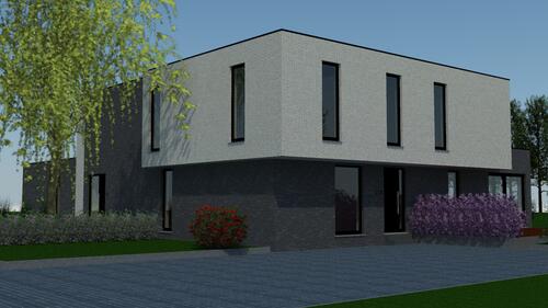 Moderne woning met twee verdiepingen en omliggende tuin.