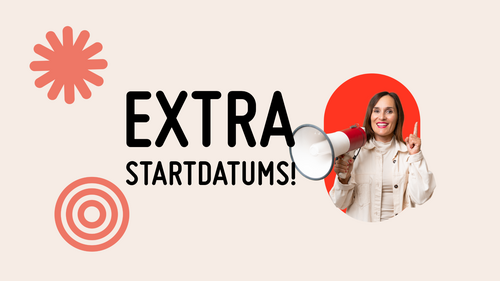 Extra startdatums, vrouw met megafoon op rode cirkelachtergrond. Grafische elementen.