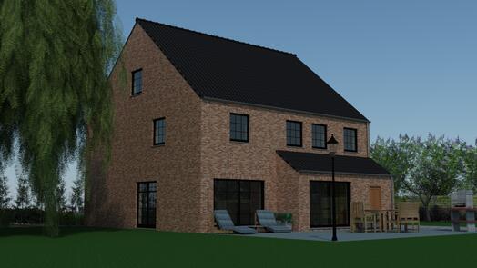 Rood bakstenen huis met zwarte dak, omringd door gras en bomen.