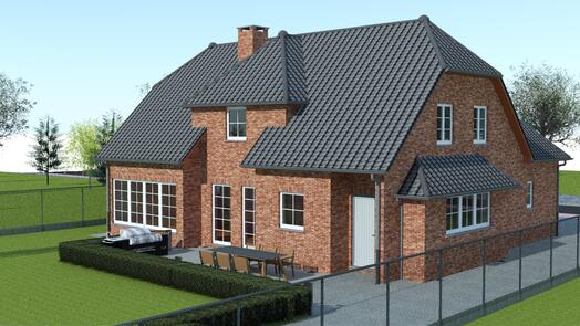Rood bakstenen huis met grijs dak in een groene tuin.
