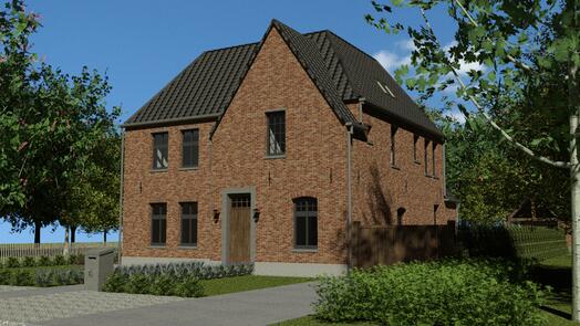 Bakstenen huis met schuin dak, omgeven door bomen en gras, onder een blauwe lucht.