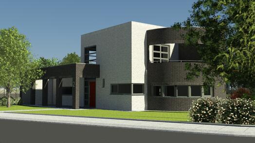Modern huis met witte en grijze gevels, omringd door bomen en gras.