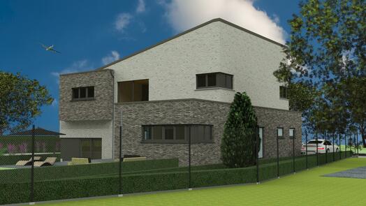 Modern gebouw met stenen gevel, omgeven door gras en bomen, onder een blauwe hemel.