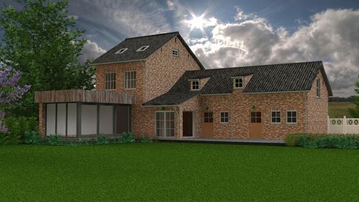 Bakstenen huis met aangebouwde serre, groene tuin en bewolkte lucht.