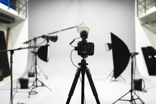 Fotostudio met camera en belichting, wit achtergrond.