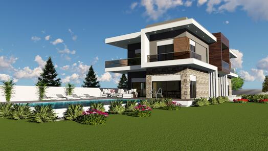 Moderne villa met zwembad, omgeven door groen en blauwe lucht.