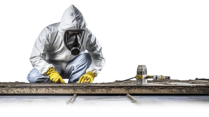 Persoon in hazmat-pak en gasmasker werkt op metalen ondergrond.