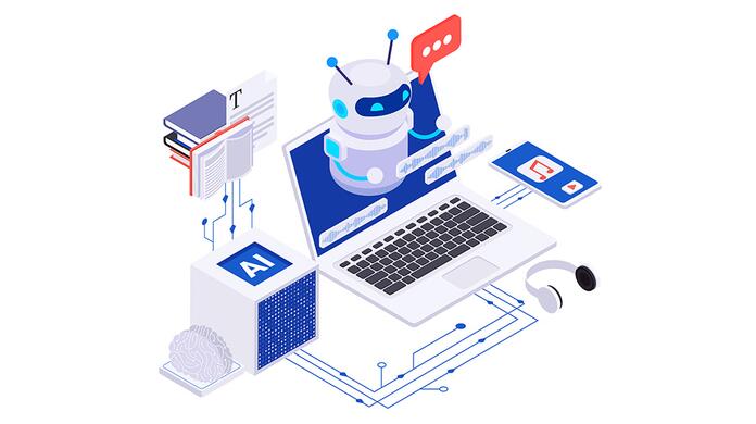 Laptop en AI-robot met chatvenster en digitale elementen.