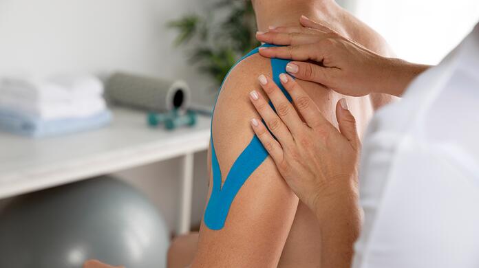 Kinesiotape op schouder van patiënt in therapeutische setting.