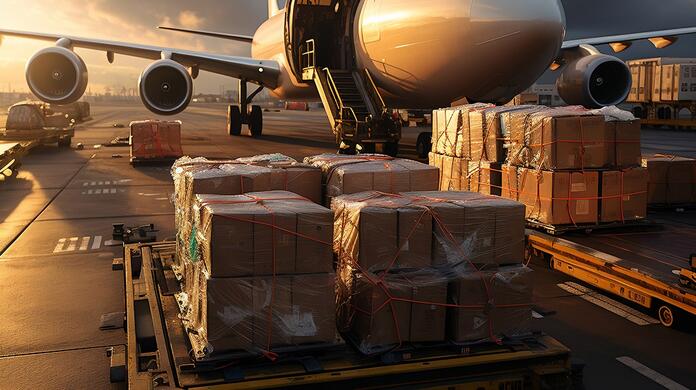 Vrachtvliegtuig met dozen geladen op een zonnige luchthaven.
