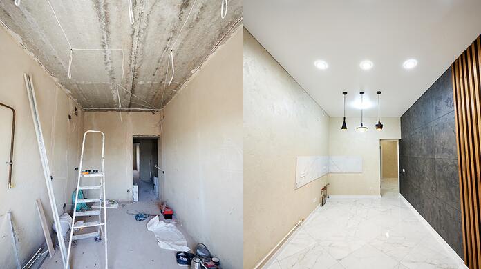 Links: Kamer in verbouwing links, afgewerkte kamer rechts met verlichting.