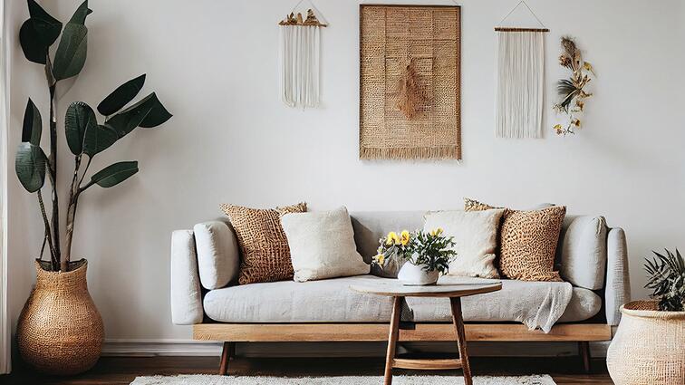 Stijlvolle woonkamer met grijze bank, houten tafel en planten.