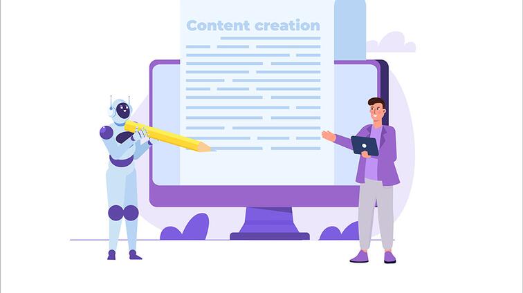 Robot en persoon werken samen aan contentcreatie op een groot scherm.