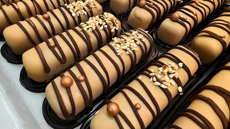 Rechthoekige desserts met chocoladestrepen en nootjes.