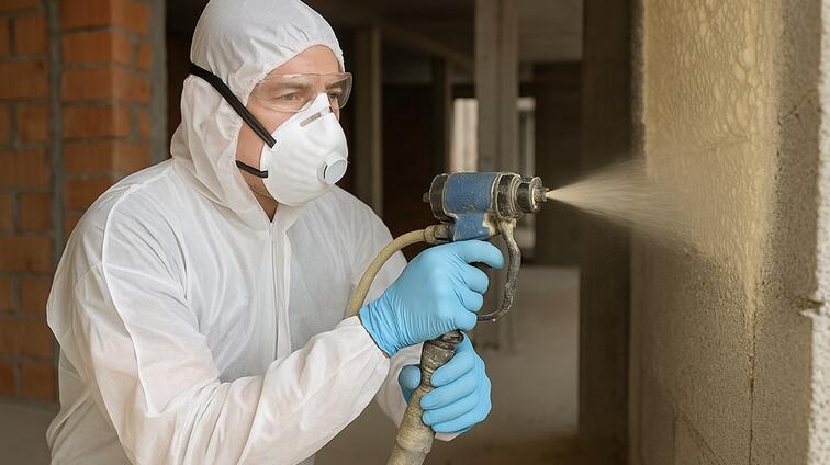 Man in overalls spuit isolatieschuim op muur, binnenruimte.