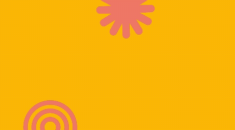 Gele achtergrond met oranje en roze abstracte vormen, tekst over infosessies.