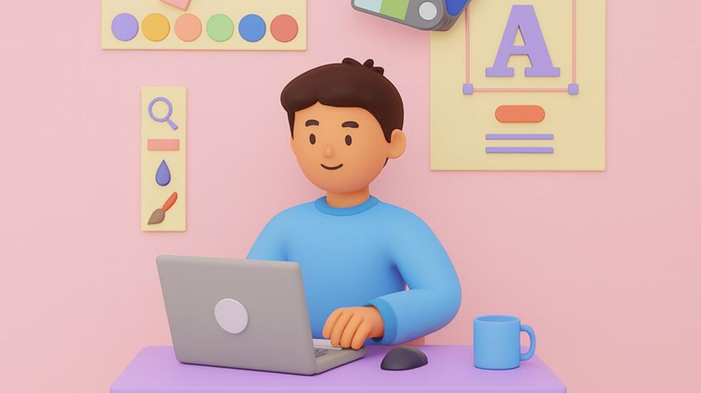 Jongen in blauw werkt op laptop aan bureau met kleurrijke muurposters.
