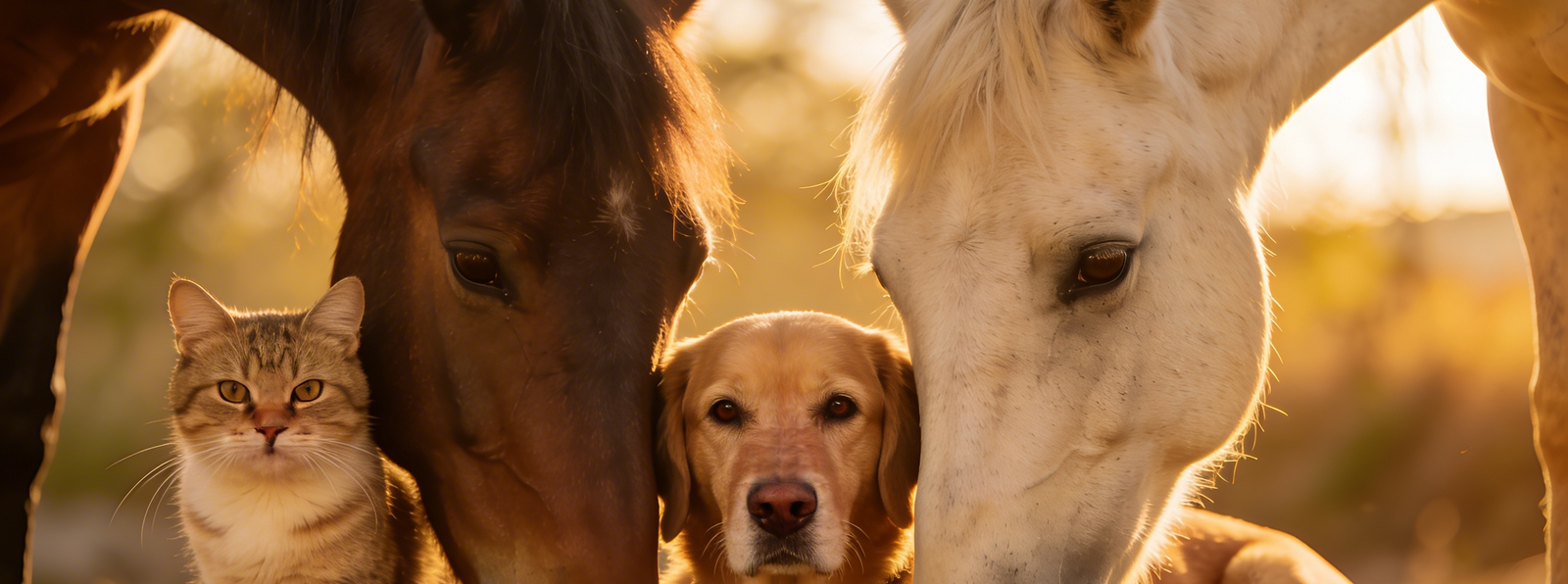 Kat, hond en twee paarden samen, zonsondergang op achtergrond.